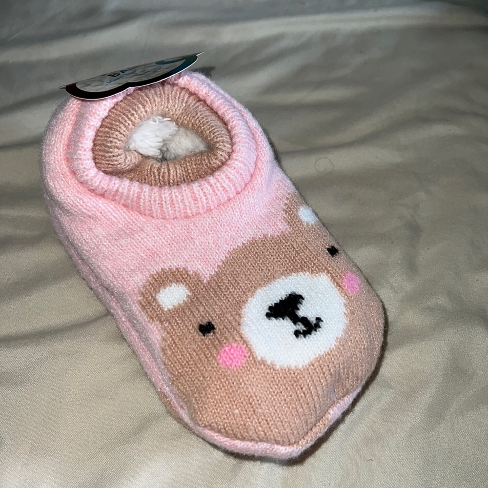 NWT pink Teddy Bear Fuzzy Babba Slipper Socks (Sz7.5-3.5)